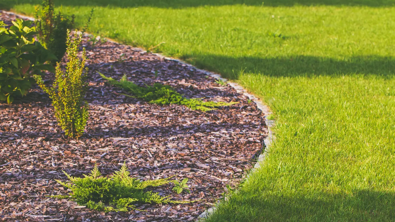 River rock and bark beds separated by black metal edging beside a green lawn