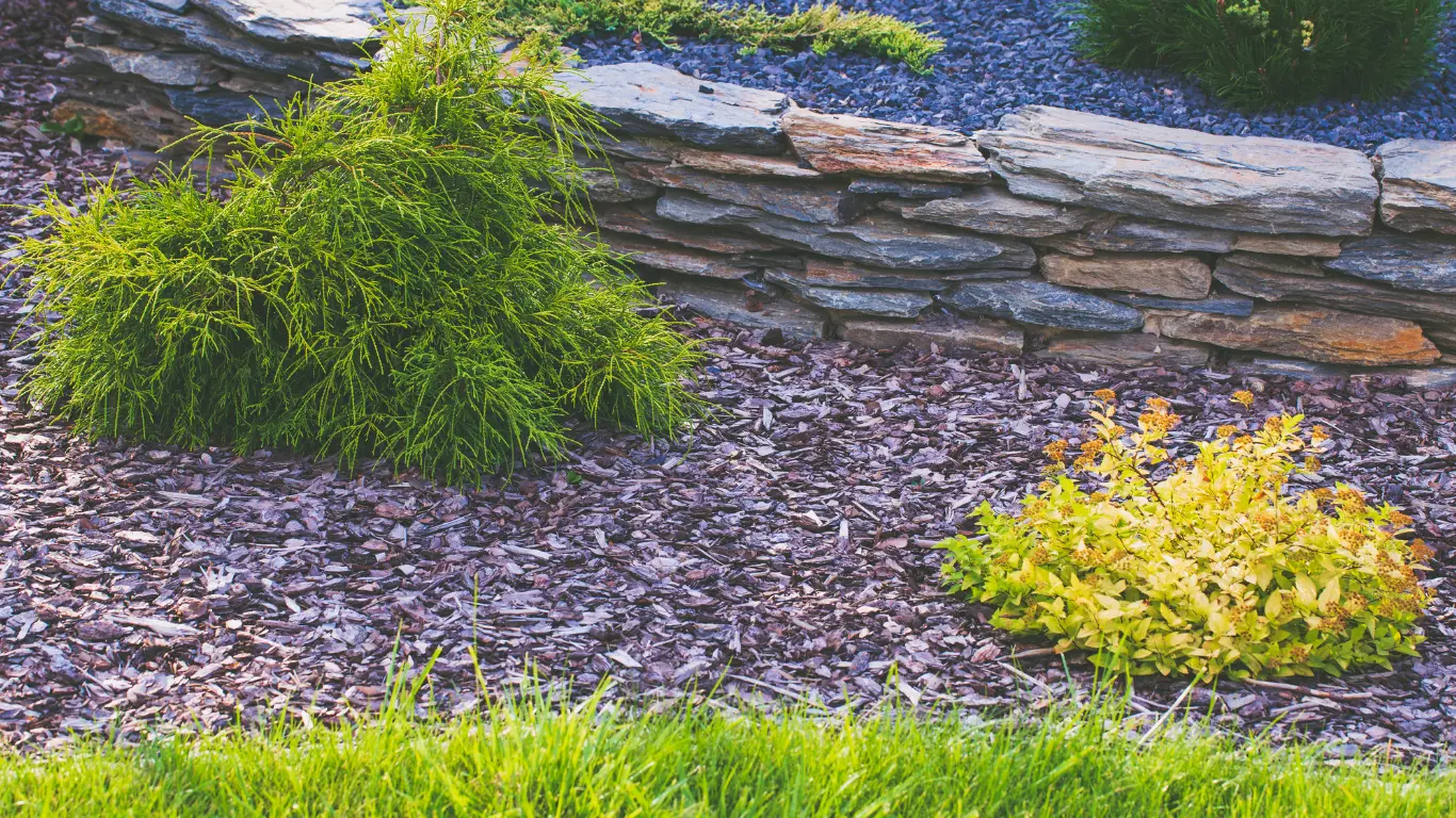 Fresh bark and river rock landscape beds with metal edging