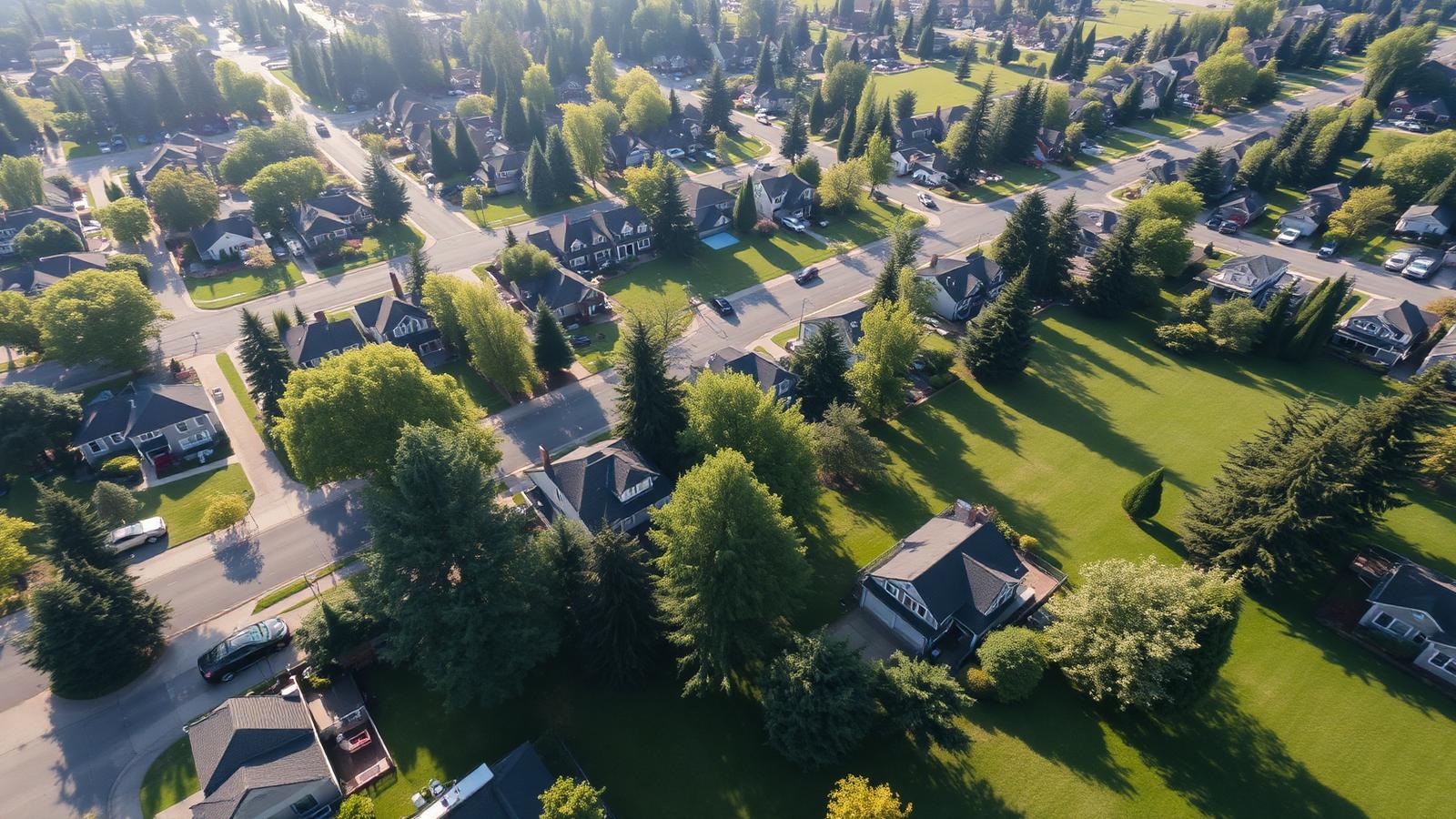 Aerial view of a local neighborhood with green lawns